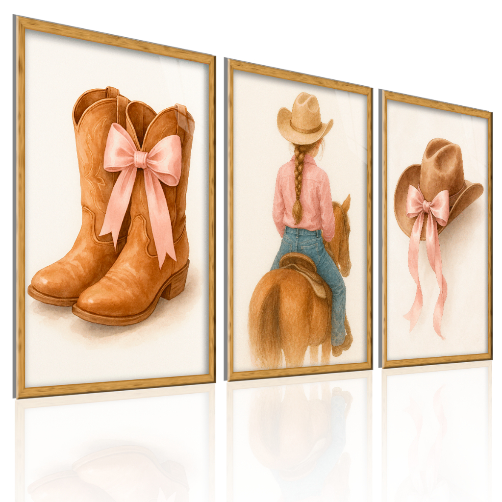Conjunto com três quadros decorativos infantis de tema cowboy e cowgirl com cavalo, chapéu e bota