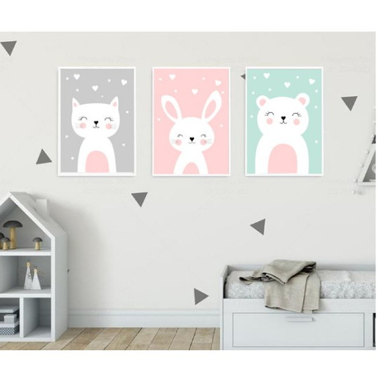 Conjunto de 3 quadros decorativos infantis com tema safári e animais para quarto de menina ou bebê