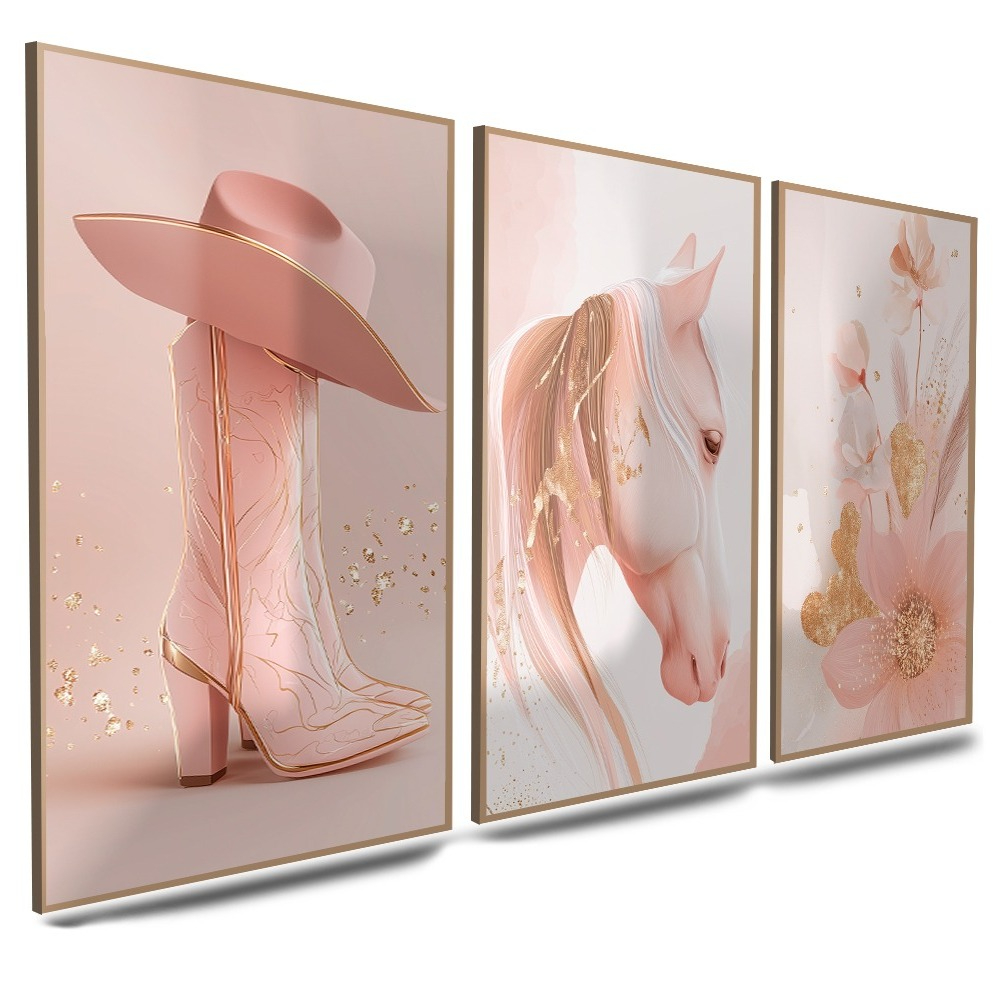 Conjunto de três quadros decorativos com temática cowgirl e boiadeira