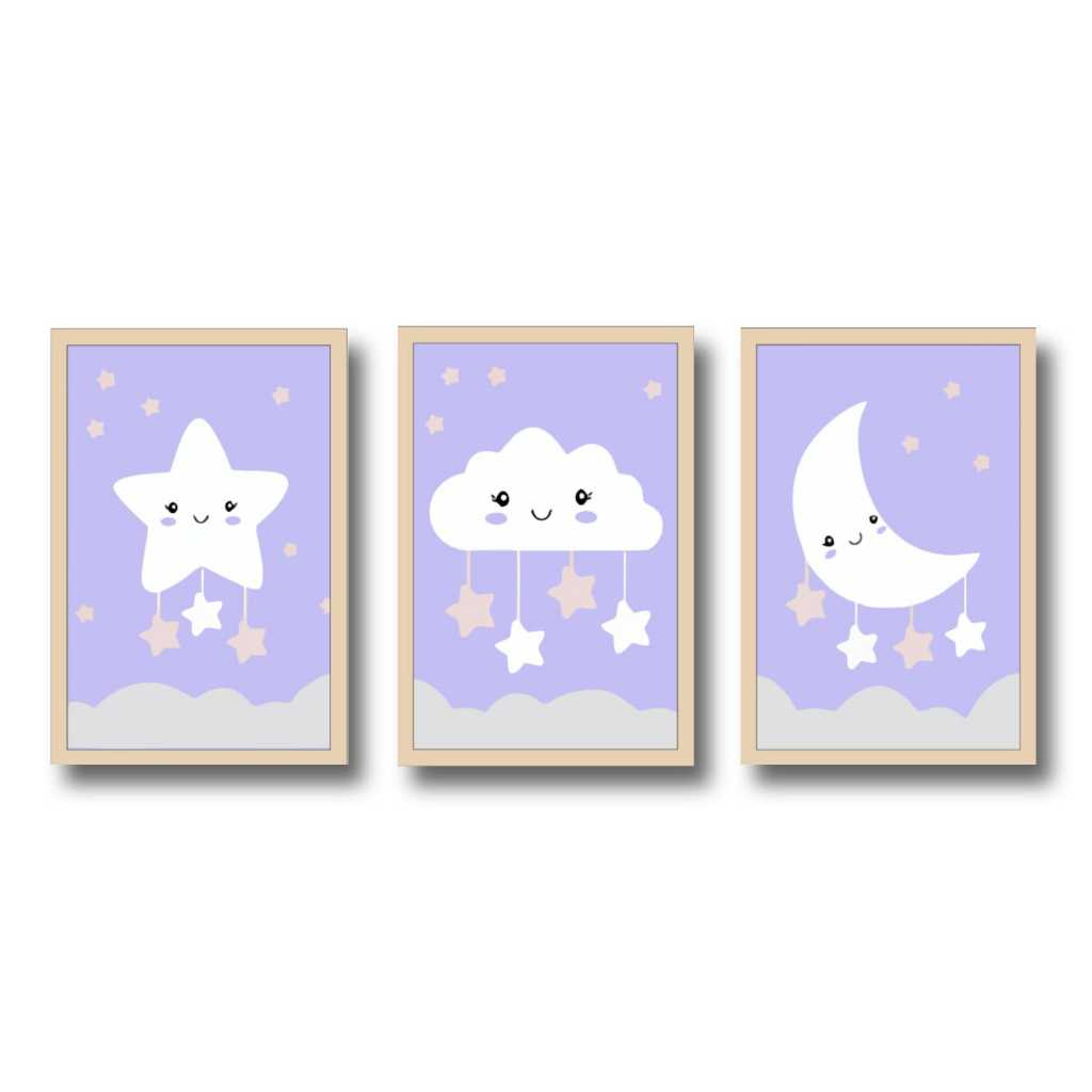 Conjunto de quadros decorativos infantis com tema nuvem, lua e estrelinhas em tons lilás