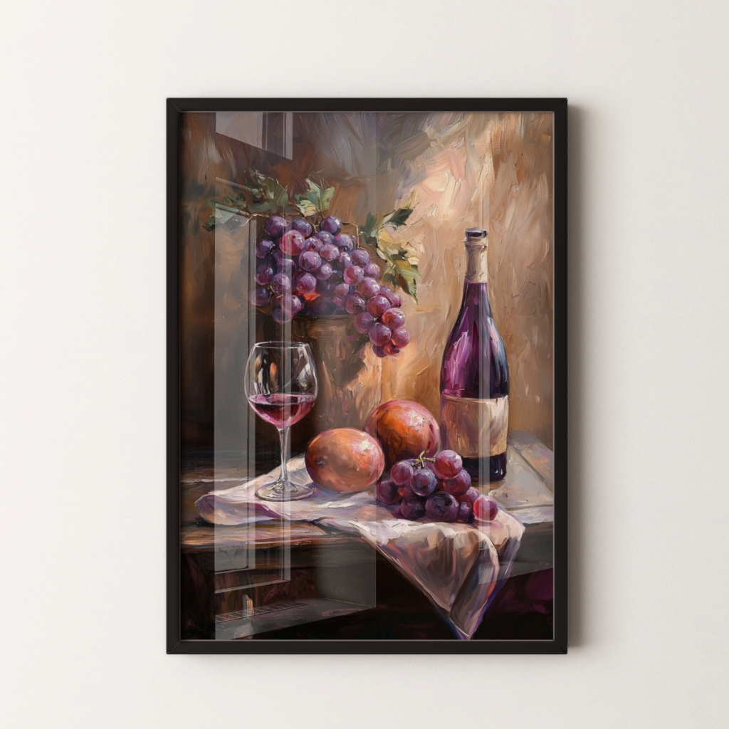 Quadro decorativo de vinho e uvas com moldura, código LQ182