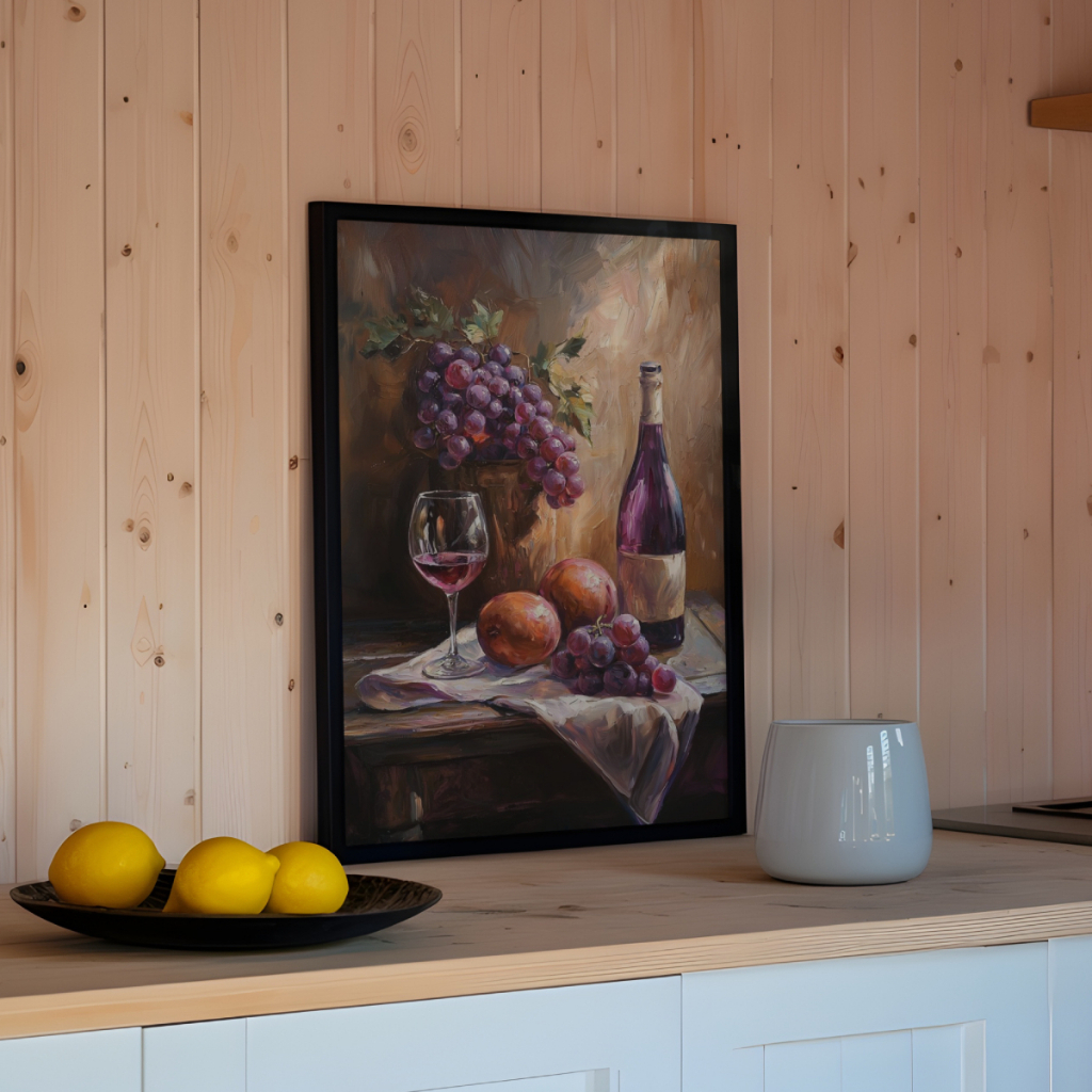 Detalhes da composição decorativa de vinho e uvas LQ182