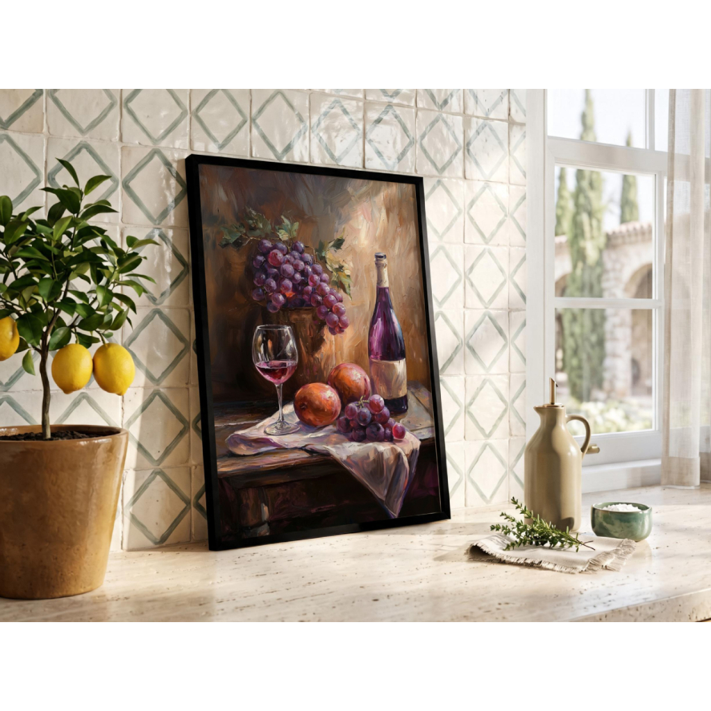 Quadro decorativo de vinho e uvas para cozinha e espaço gourmet