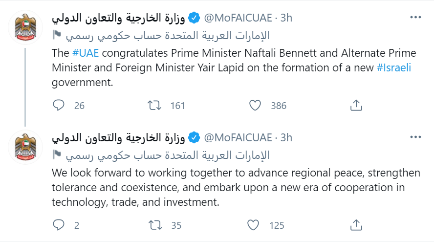 In historic first, United Arab Emirates congratulates new Israeli government: ‘We look forward to working together to advance regional peace’ In historic first, United Arab Emirates congratulates new Israeli government: ‘We look forward to working together to advance regional peace’