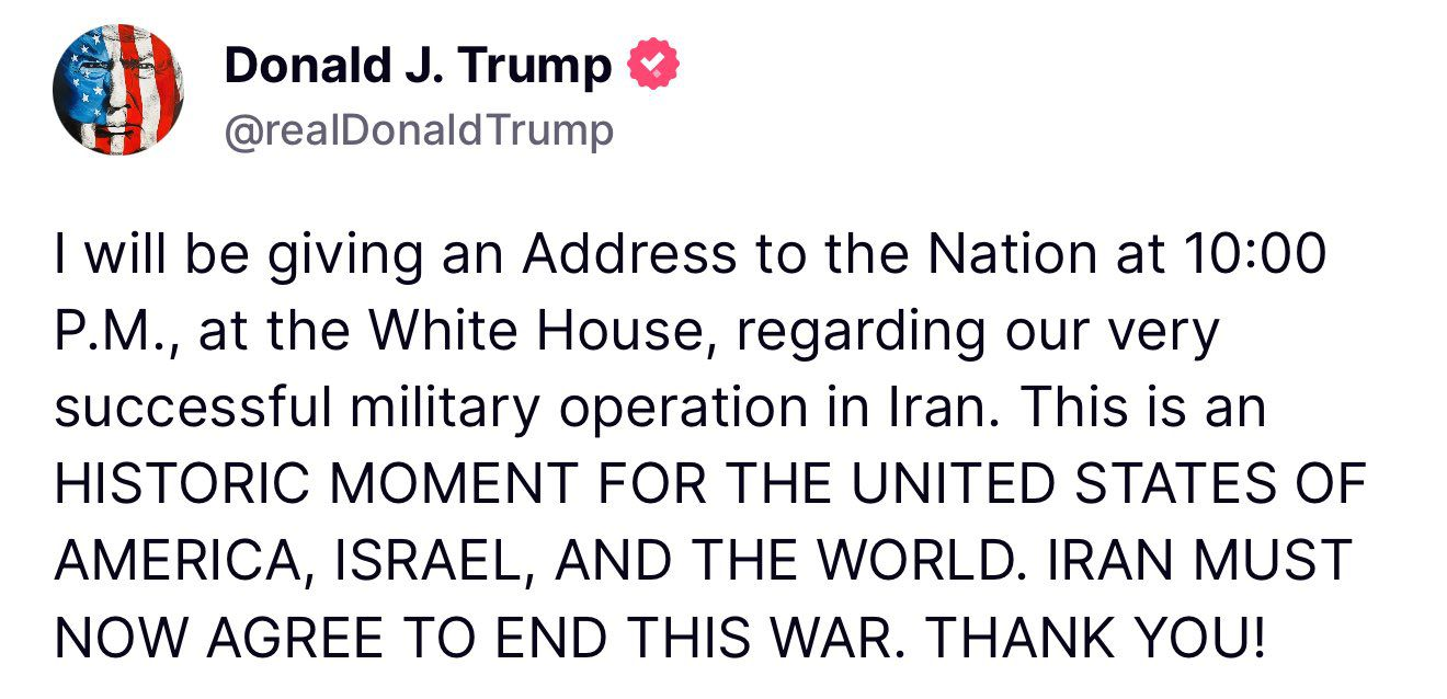 US President Donald Trump addresses the nation (along with JD Vance, Marco Rubio, and Pete Hegseth) following bombing of three Iranian nuclear sites, June 21, 2025. (Photo: Screenshot/Fox News)