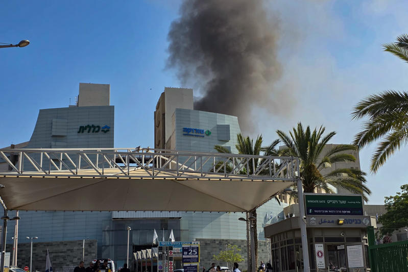 The scene where a ballistic missile fired from Iran hit and caused damage at the Soroka Medical Center in Be'er Sheva, June 19, 2025. (Photo: Marc Israel Sellem/POOL)