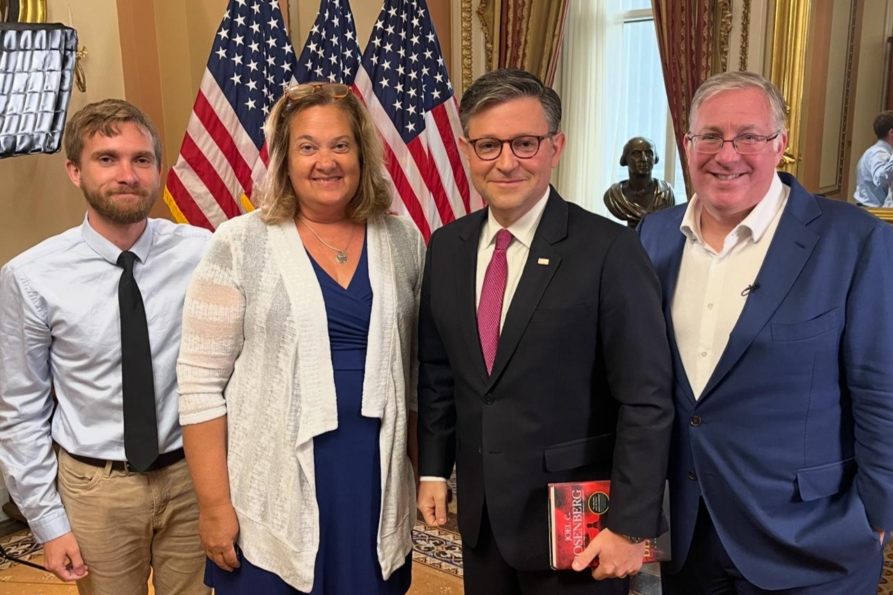 Joel C. Rosenberg, Editor-in-Chief of All Israel News, meets with U.S. Speaker of the House Mike Johnson during an interview for TBN in Washington, July 2025. (Photo: Courtesy)