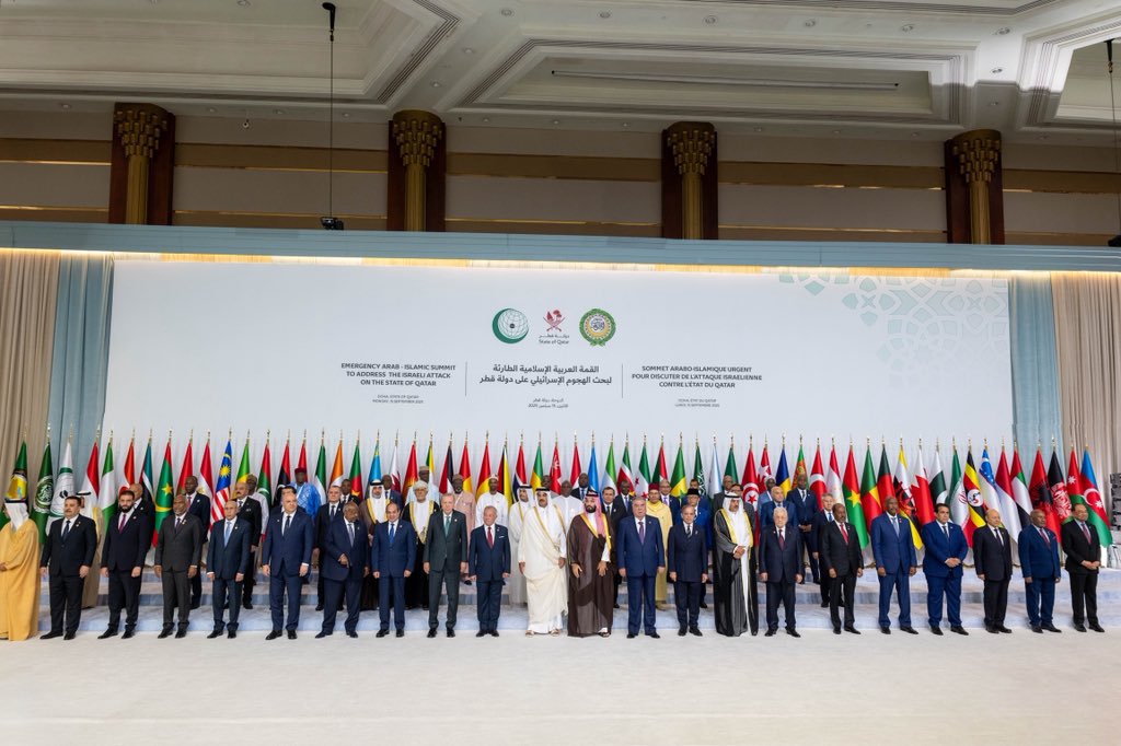 Saudi Crown Prince Mohammed bin Salman with Emir Of Qatar Sheikh Tamim bin Hamad Al Thani and GCC representatives pose for a group photo ahead of an emergency Arab-Islamic leaders' summit convened to discuss the September 9 Israeli attack on Hamas on Qatari territory, in Doha, Qatar, Sept. 15, 2025. (Photo: Saudi Press Agency/Handout via REUTERS)