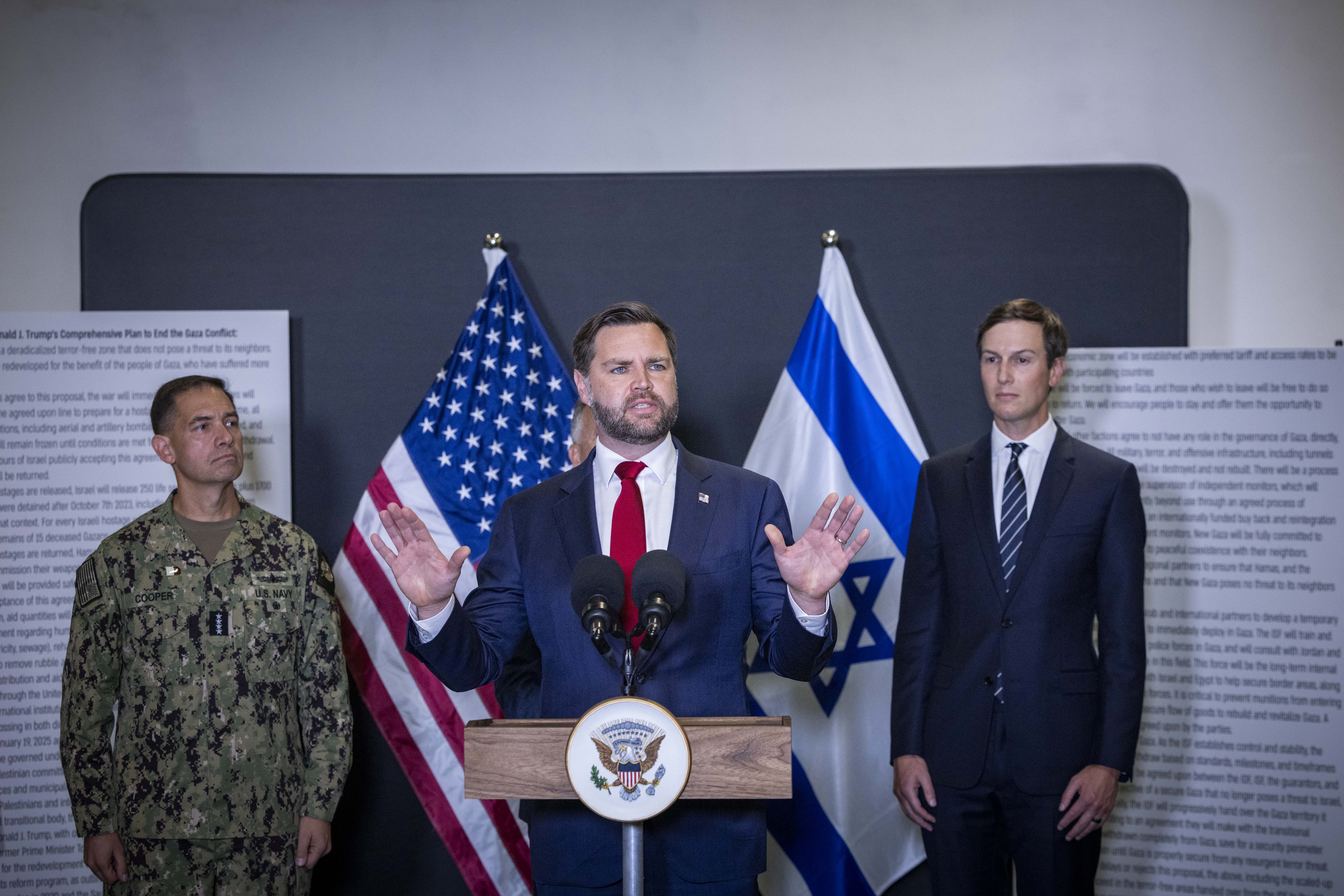 U.S. Vice President JD Vance speaks to members of the media in Kiryat Gat, Israel, October 21, 2025. REUTERS/Ammar Awad