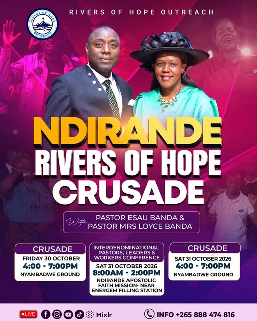 NDIRANDE GET READY!
Pastor Esau Banda and Pastor Mrs Loyce Banda will be ministering in Ndirande from 30th to 31st October 2026. Venue is…