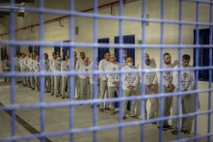 Israel Prison Service officers prepare Palestinian prisoners for release as part of a hostage deal between Israel and Hamas, at Ktzi’ot Prison in southern Israel, February 26, 2025. (Photo: Chaim Goldberg/Flash90)