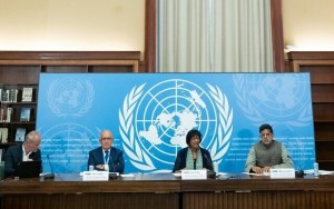 Navanethem Pillay (center right), chair of the UN Independent International Commission of Inquiry on the Occupied Palestinian Territory, including East Jerusalem and Israel, briefs reporters on the first report of the Commission. On the right is Miloon Kothari. (Photo: UN Photo/Jean Marc Ferré)