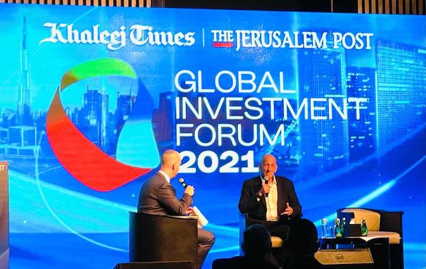 Former Israeli Prime Minister Ehud Olmert speaking at the Global Investment Forum in Dubai, June 2, 2021 (Photo: All Israel News)