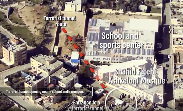 Drone footage marked with Hamas tunnels in relation to civilian sites (Photo: IDF)