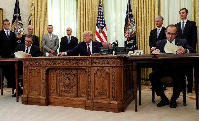 U.S. President Donald Trump speaks hosts a signing ceremony with Serbia's President Aleksandar Vucic and Kosovo's Prime Minister Avdullah Hoti at the White House in Washington, U.S., September 4, 2020. REUTERS/Leah Millis