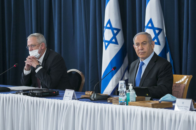 Israeli prime minister Benjamin Netanyahu and Alternate Prime Minister and Minister of Defense Benny Gantz at the weekly cabinet meeting, at the Ministry of Foreign Affairs in Jerusalem on June 28, 2020. Photo by Olivier Fitoussi/Flash90