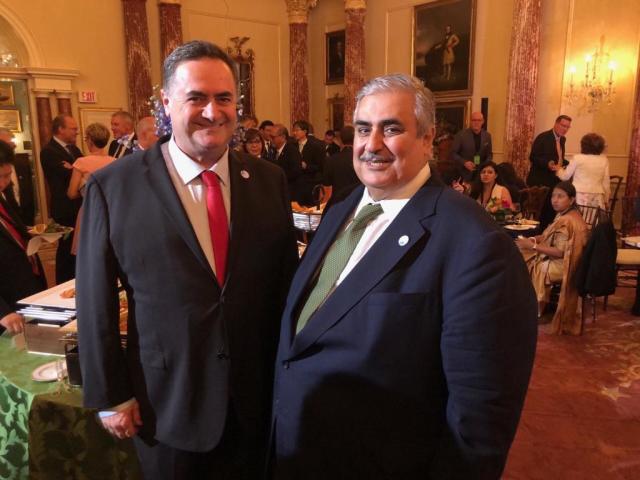 Then-Israeli Foreign Minister Israel Katz poses for first-ever picture with then-Bahraini Foreign Minister Khalid Al Khalifa at the U.S. State Department in 2019 (Photo credit: Israel Katz/Twitter.)