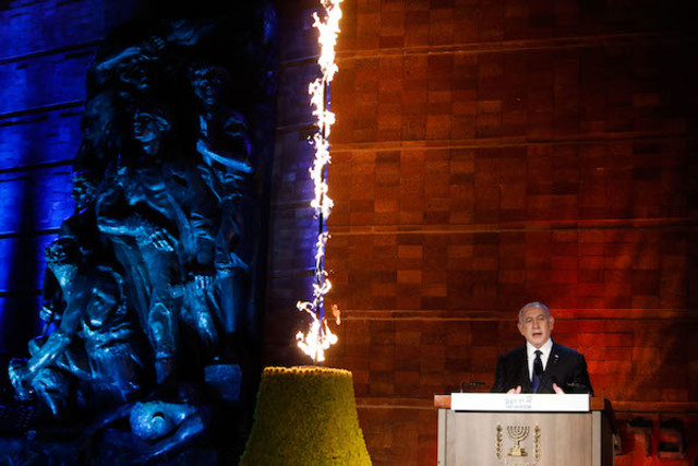 Israeli Prime Minister Benjamin Netanyahu speaks during a ceremony held at the Yad Vashem Holocaust Memorial Museum in Jerusalem, as Israel marks annual Holocaust Remembrance Day. April 7, 2021. (Photo: Olivier Fitoussi/Flash90)