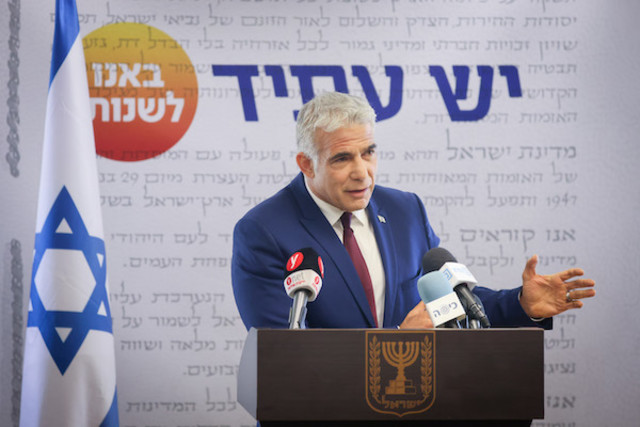 Head of the Yesh Atid party Yair Lapid speaks during a faction meeting at the Knesset, the Israeli parliament, in Jerusalem, on June 7, 2021. (Photo: Yonatan Sindel/Flash90)