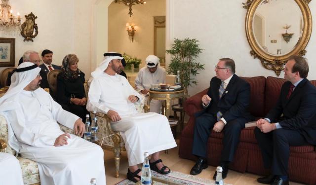 Then-Crown Prince of Abu Dhabi Sheikh Mohamed bin Zayed welcomes a delegation of American evangelicals led by Joel C. Rosenberg in 2018. (Photo: ALL ISRAEL NEWS)