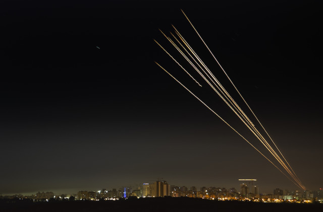 A long exposure picture shows the Iron Dome anti-missile system intercept rockets fired from the Gaza Strip to Israel, over the southern Israeli city of Ashkelon, May 16, 2021. (Photo: Avi Roccah/Flash90)