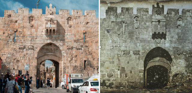 Photo of the Lion's Gate in Jerusalem from 1844 by Joseph-Philibert Girault de Prangey juxtaposed with an image of the same place today (Photo: Edden Ram)