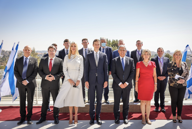 Knesset Speaker Mickey Levy hosts Jared Kushner and Ivanka Trump at the Knesset, Oct. 11, 2021. (Photo: Noam Moskowitz/Knesset)