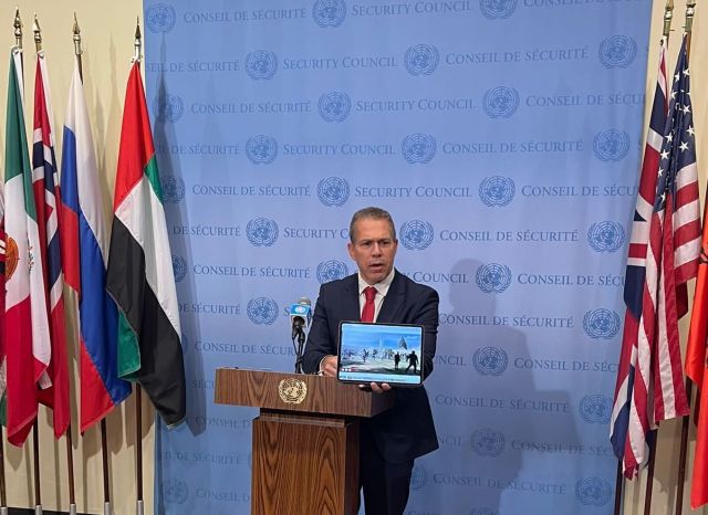 Israel’s Ambassador to the United Nations Gilad Erdan speaking to the media ahead of the UN Security Council meeting, Apr. 25, 2022 (Photo courtesy)