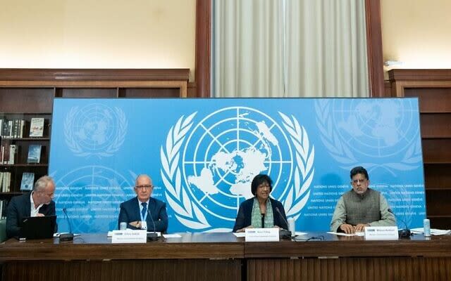 Navanethem Pillay (center right), chair of the UN Independent International Commission of Inquiry on the Occupied Palestinian Territory, including East Jerusalem and Israel, briefs reporters on the first report of the Commission. On the right is Miloon Kothari. (Photo: UN Photo/Jean Marc Ferré)