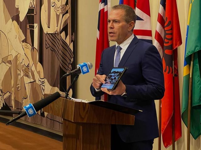 Israeli Ambassador to the UN Gilad Erdan speaks outside of the UN Security Council, August 8, 2022 (Photo: Shahar Azran)
