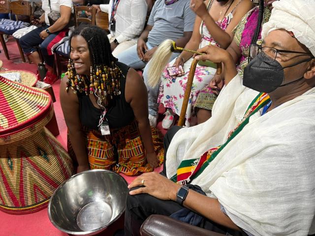 Bishop Arthur F. Mosely's group of young African Americans visited an Ethiopian cultural center in Israel. (Photo courtesy)