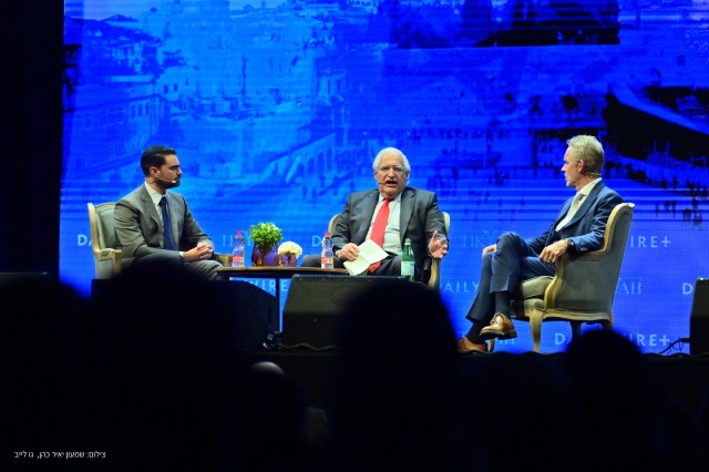 Former U.S. Ambassador to Israel David Friedman moderates a panel discussion with Ben Shapiro and Jordan Peterson at the International Convention Center in Jerusalem, Oct. 6, 2022 (Photo: Shimon Yair Cohen, GoLive)