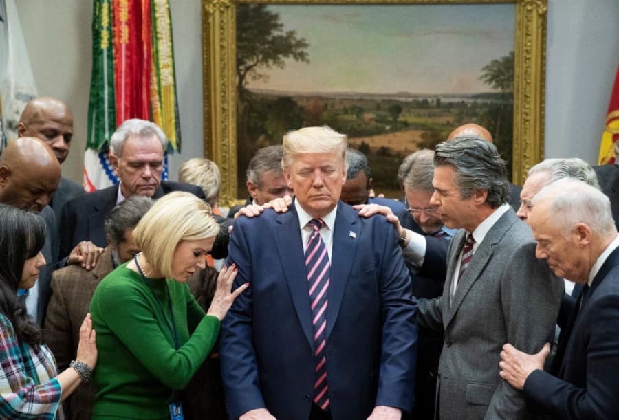 Evangelical leaders praying for President Donald Trump (Photo: Twitter feed of the National Faith Advisory Board)