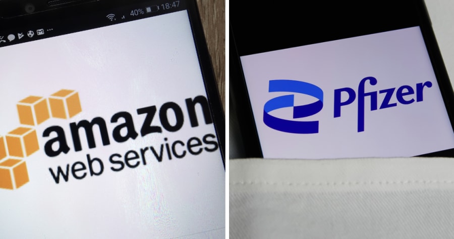 Logos for Amazon Web Services and Pfizer (Photos: Shutterstock)