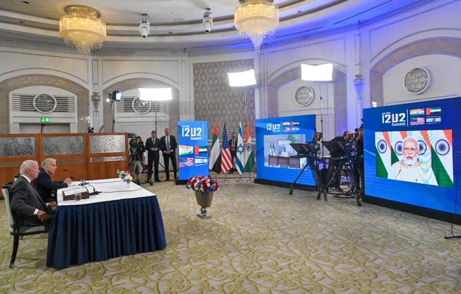 Israeli Prime Minister Yair Lapid and U.S. President Joe Biden hold a virtual summit with the UAE President Mohamed bin Zayed Al Nahyan and Indian Prime Minister Narendra Modi, July 14, 2022 (Photo: Kobi Gideon/GPO)