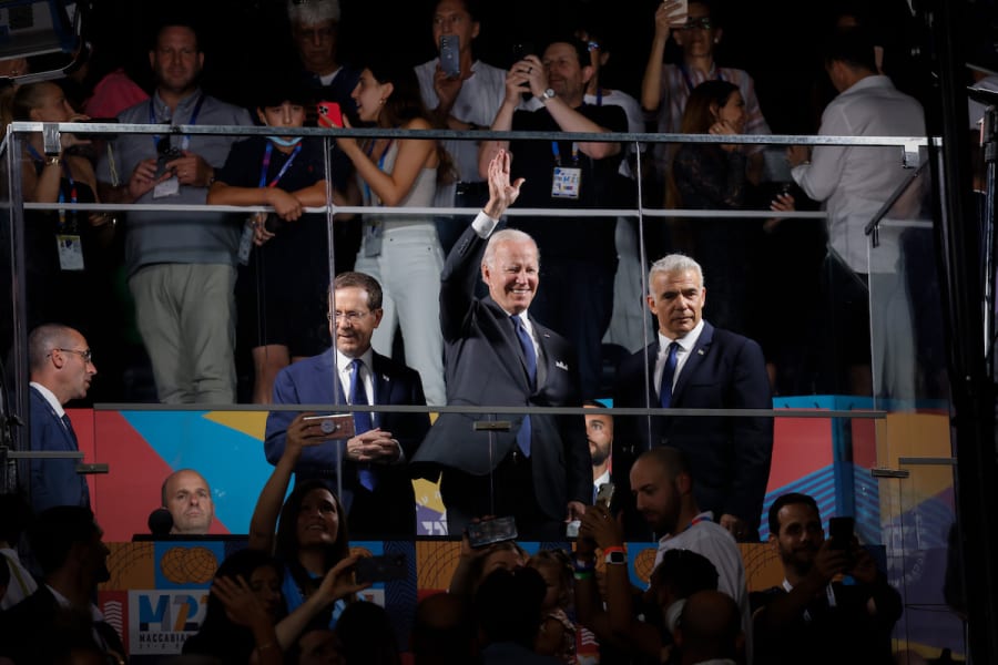 U.S. President Joe Biden, Israeli Prime Minister Yair Lapid and President Isaac Herzog at the opening ceremony of the Maccabiah Games in Jerusalem, July 14, 2022. (Photo: Olivier Fitoussi/Flash90)