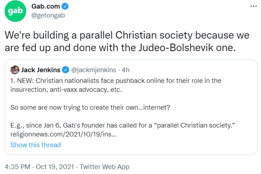 Screenshot of a post on the social media site Gab