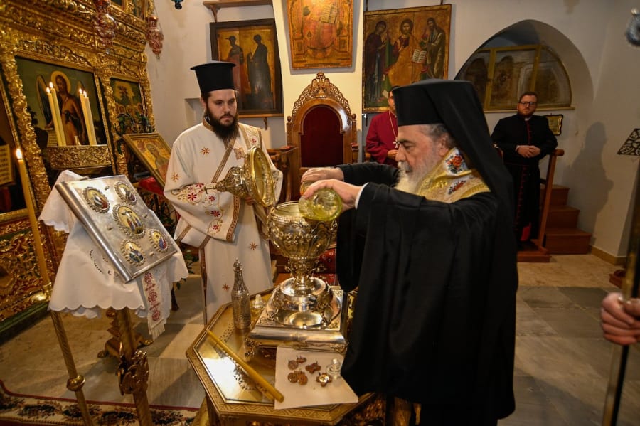 Greek Orthodox Patriarch of Jerusalem Theophilus III consecrates the anointing oil to be used in King Charles' coronation, at the Church of the Holy Sepulchre in Jerusalem, Mar. 3, 2023 (Photo: The Royal Family/Twitter)