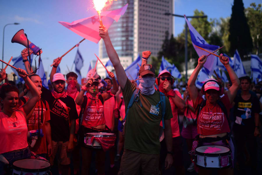 Israelis protest the government's planned judicial overhaul, in Tel Aviv, July 18, 2023. (Photo: Tomer Neuberg/Flash90)