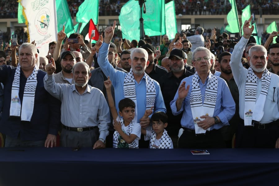 Yahya Sinwar, leader of the Palestinian Islamic Movement Hamas in the Gaza Strip and Hamas officials, attend a rally of the Hamas Movement, in Gaza City, Oct. 1, 2022. (Photo: Attia Muhammed/Flash90)