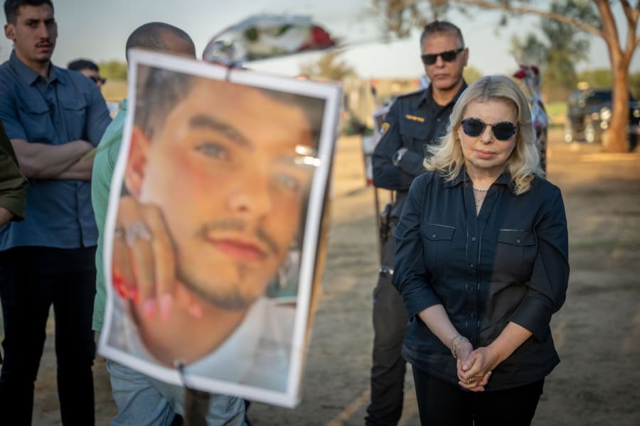 Sara Netanyahu, wife of Israeli Prime Minister Benjamin Netanyahu, visits the site of the Nova music festival massacre, in Re'im, near the Israeli-Gaza border, November 30, 2023. (Photo by Erik Marmor/Flash90)