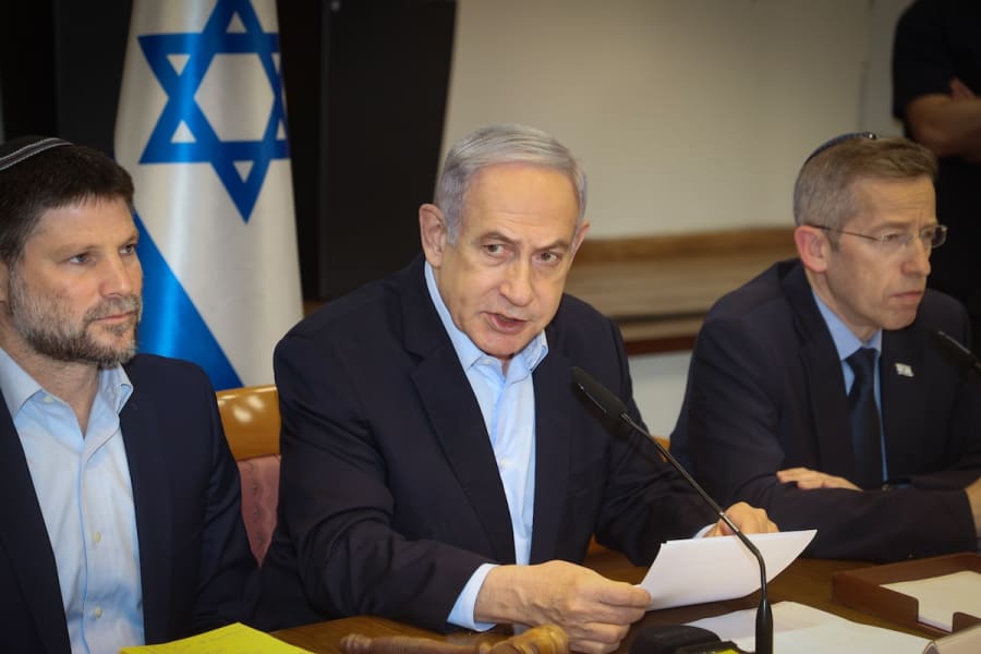 Israeli Prime Minister Benjamin Netanyahu leads a government conference at Hakirya base in Tel Aviv on Jan. 7, 2024. (Photo by Yariv Katz/POOL)