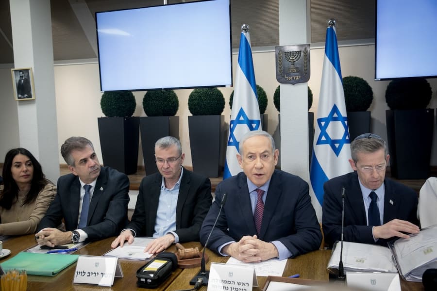 Israeli Prime Minister Benjamin Netanyahu leads a government conference at Defense Headquarters in Tel Aviv on Dec. 31, 2023. (Photo: Miriam Alster/Flash90)