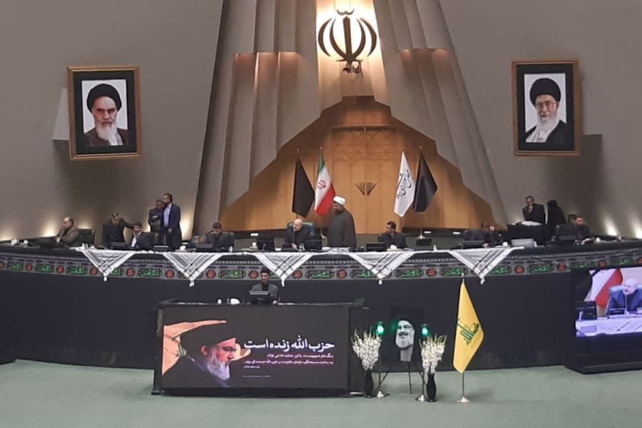 A picture of Hezbollah's leader Hassan Nasrallah at the Islamic Consultative Assembly (Photo: Hezbollah/Telegram)