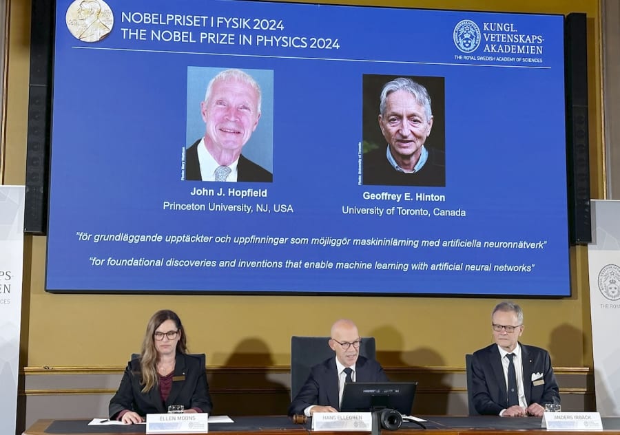 The winners of the 2024 Nobel Prize in Physics, John Hopfield and Geoffrey Hinton, are announced at a press conference by the Royal Swedish Academy of Sciences in Stockholm on Oct. 8, 2024. (Photo: Kyodo via Reuters)