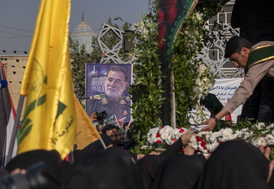 A banner features a portrait of Abbas Nilforoushan, a commander of the Islamic Revolutionary Guard Corps' (IRGC) Quds Force, who was killed in an Israeli airstrike against Lebanon's Hezbollah headquarters in a suburb of Beirut, during a funeral for Nilforoushan in Tehran, Iran, on October 15, 2024. (Photo: Morteza Nikoubazl/NurPhoto)