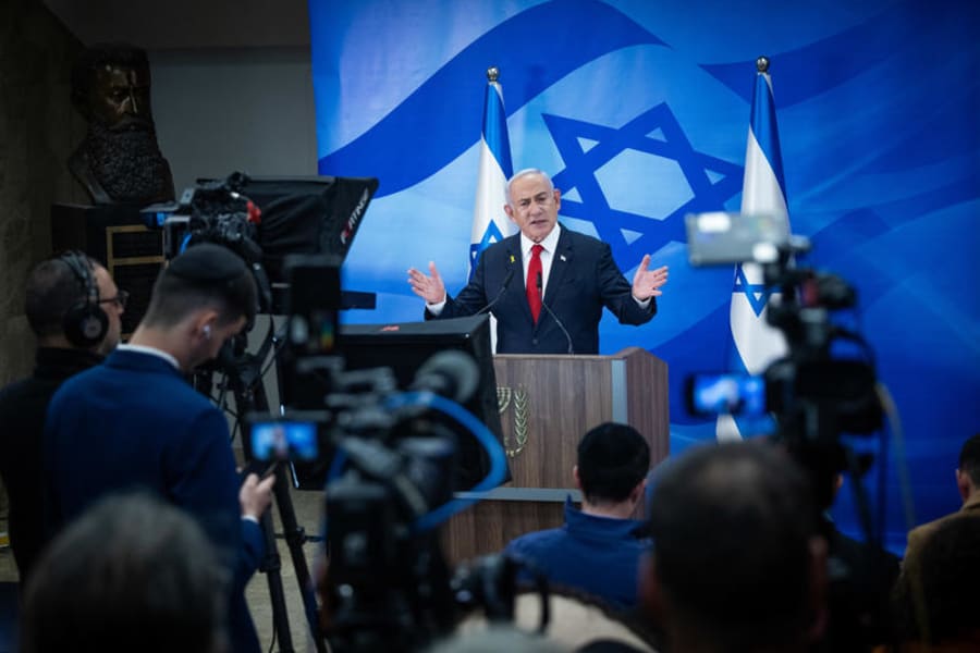 Israeli prime minister Benjamin Netanyahu holds a press conference at the Prime Minister's office in Jerusalem on December 9, 2024. Photo by Yonatan Sindel/Flash90