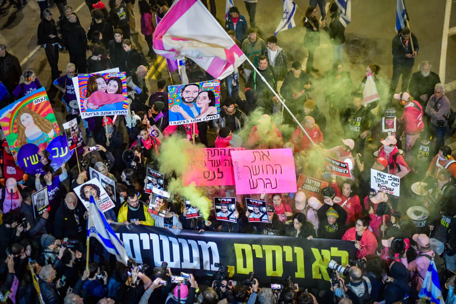 Demonstrators protest calling for the release of Israeli hostages held in the Gaza Strip outside Hakirya Base in Tel Aviv, Dec. 28, 2024. Photo by Avshalom Sassoni/Flash90