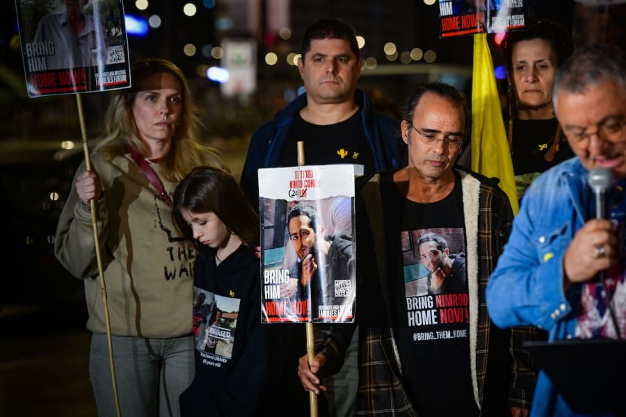 Families of Israelis held hostage in Gaza hold a press conference in Tel Aviv on January 18, 2024. (Photo: Avshalom Sassoni/Flash90)