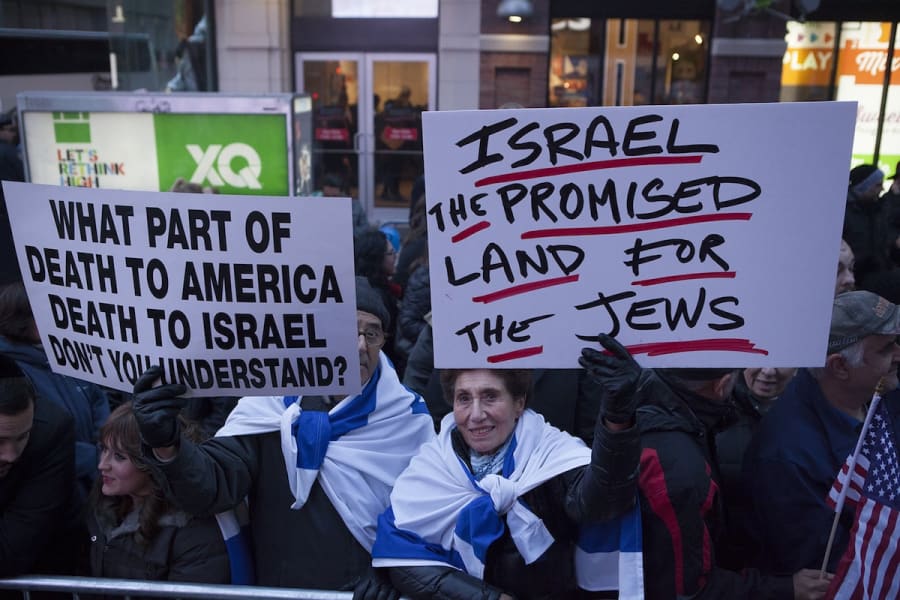 Pro-Israel demonstrators chant slogans and hold up signs during a protest to express their support for Israel in Times Square, New York, October 18, 2015. (Photo: Amir Levy/Flash90)